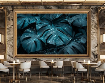 Monstera Leaf Wall Art Print with Dew Drops in Deep Green Tones, Botanical Nature Photography for Calm and Modern Home Decor