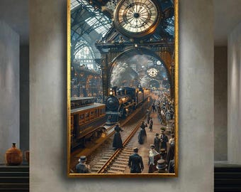 Steampunk Train Station Wall Art Victorian Travel Scene Canvas Print Historical Railway Clock Poster for Vintage or Retro Decor Gift