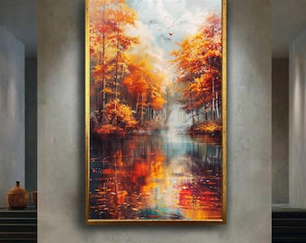 Autumn Forest Lake Canvas Wall Art Print with Fall Trees and Reflections, Peaceful Nature Landscape Artwork for Cozy Seasonal Home Decor