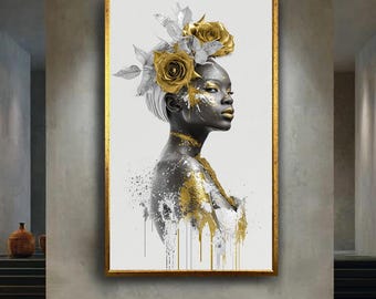 Luxury Golden Rose Portrait Canvas Wall Art, Modern Abstract Woman Print with Black and Gold Glam Style for Elegant Home Decor