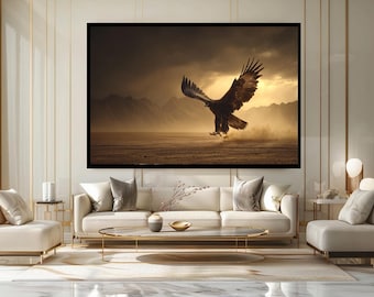 Majestic Eagle Landing Canvas Wall Art Powerful Wildlife Print with Mountain Sunset Background for Rustic Nature or Office Decor