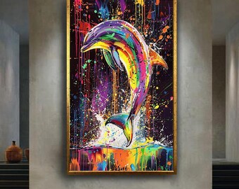 Rainbow Dolphin Canvas Wall Art, Colorful Ocean Animal Print, Modern Pop Art Style Marine Life Artwork with Paint Splash Design