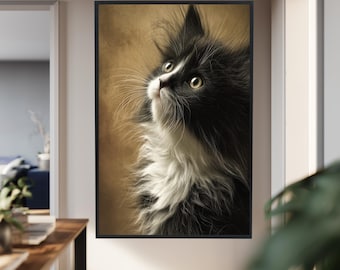 Black and White Kitten Canvas Wall Art – Fluffy Cat Portrait with Soft Vintage Background, Cute Animal Print for Pet Lovers and Home Décor