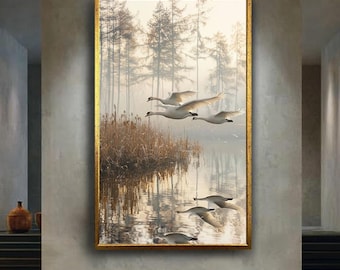 Elegant Swan Flight Canvas Wall Art Print with Misty Lake Reflections, Serene Nature Bird Scene for Minimalist and Peaceful Home Decor