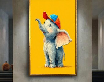 Cute Elephant Wall Art Print, Yellow Background Canvaa Art, Baby Animal Illustration, Nursery Room Decor, Playful Kids Artwork