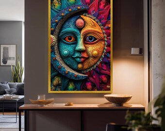 Colorful Sun and Moon Face Wall Art with Boho Celestial Design, Mystical Duality Wall Hanging for Home Decor or Spiritual Gift