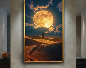 Golden Moon Desert Wall Art Surreal Night Canvas Print Spiritual Landscape Poster for Dreamy Home Decor or Cosmic Gift Idea