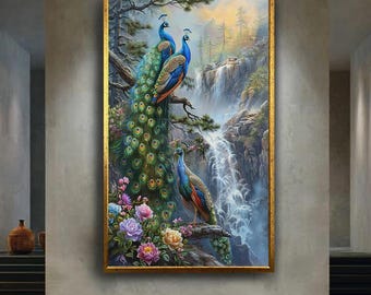 Elegant Peacock Wall Art with Waterfall and Flowers Colorful Exotic Birds Nature Fantasy Artwork Oriental Home Decor