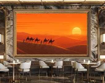 Desert Sunset Camel Caravan Canvas Wall Art Print Warm Toned Sand Dunes Painting Oriental Landscape for Home Office Decor