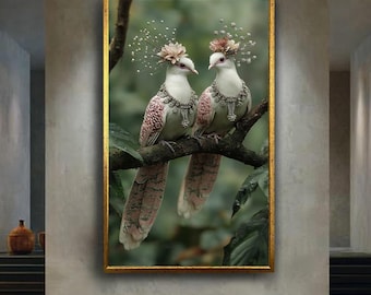 Royal Birds Wall Art Print, Elegant Fantasy Animal Canvas Art, Whimsical Crowned Doves Illustration, Nature Inspired Decor