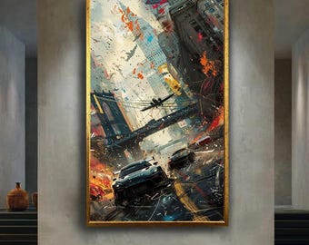 Urban Street Racing Canvas Wall Art with Fighter Jet and Splash Paint Style – Futuristic Car Print for Teen Room or Garage Decor