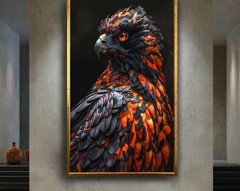 Fiery Red Black Hawk Fantasy Bird Wall Art Print | Majestic Mythical Animal Canvas Poster for Home or Office Decor Bird Lovers Gift