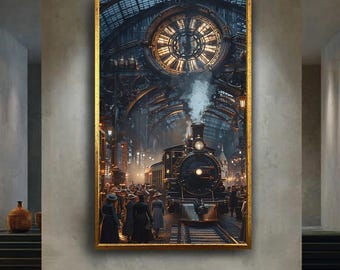 Vintage Steam Train Station Wall Art Steampunk Clock Canvas Print Historical Travel Scene Poster for Retro or Industrial Decor Gift