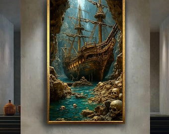 Haunted Pirate Ship Wall Art – Ghostly Galleon in Skull Cave – Dark Fantasy Ocean Adventure Canvas Print for Gothic Decor