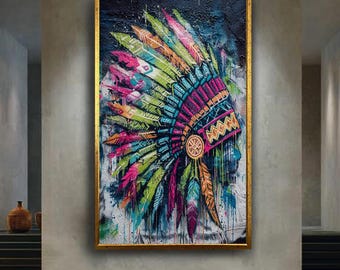 Colorful Tribal Headdress Canvas Wall Art – Vibrant Graffiti Style Feather Headpiece – Boho Urban Street Print for Eclectic Home Decor