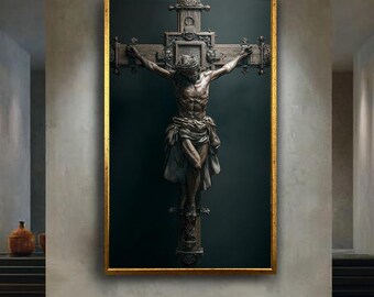 Jesus on the Cross Religious Canvas Wall Art – Detailed Crucifix Christian Artwork for Home, Chapel, or Spiritual Decor