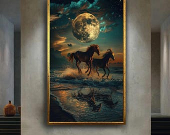 Moonlit Wild Horses Beach Canvas Wall Art – Majestic Horses Running in Ocean Waves Under Full Moon Fantasy Night Scene