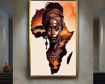African woman canvas wall art print, ethnic tribal portrait with sunset map design, cultural home decor, afrocentric artwork for living room