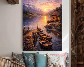 Lake House Sunset Canvas Print, Mountain Lake Landscape Wall Art, Cozy Cottage Lakeside Decor, Romantic Nature Artwork