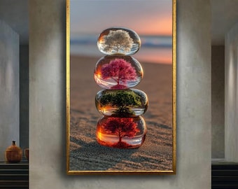 Four Seasons Tree Canvas Wall Art in Stacked Glass Stones – Symbolic Nature Print for Spiritual, Zen or Seasonal Home Decor
