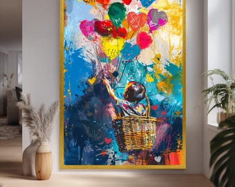 Banksy Balloon Canvas Print Of Child Floating With Heart Balloons Graffiti Style Urban Wall Art For Modern Pop Art Inspired Home Decor