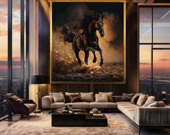 Majestic Black Horse Wall Art Print, Powerful Stallion Running Through Dust, Dramatic Equestrian Decor for Rustic or Bold Interiors