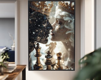 King and Queen Kiss Canvas Wall Art – Romantic Fantasy Chess Scene for Luxury Decor, Couple Gift or Elegant Gothic Home Interiors