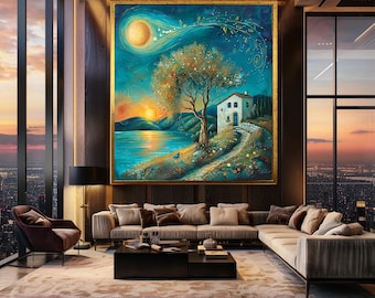 Whimsical Fantasy Landscape Wall Art Dreamy Lake Sunset Scene with Tree and Cottage Magical Nature Print Canvas Art