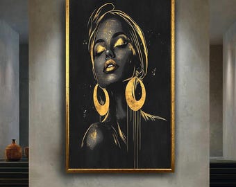 Black and Gold Afro Woman Wall Art Print | Elegant Minimalist Female Portrait Canvas | Bold Luxury Modern Afrocentric Home Decor