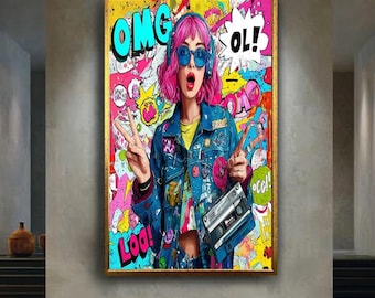 Pop Art Girl Canvas Wall Art – Colorful Pink Haired Woman with Headphones and Comic Style Graffiti Background for Modern Decor