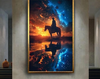 Cowboy Sunset Horseback Canvas Wall Art – Western Rider Silhouette Under Starry Sky, Rustic Country Home Decor for Living Room