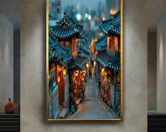 Traditional Asian Street Wall Art Print – Lantern Lit Old Town Canvas – Cultural Architecture Poster – Travel Inspired Home Decor