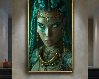 Mystic Warrior Woman Canvas Wall Art with Glowing Eyes and Tribal Jewelry – Fantasy Portrait Print for Boho or Gothic Home Decor
