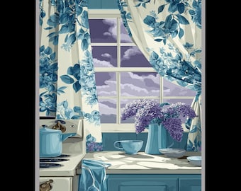 Vintage Blue Kitchen Wall Art with Floral Curtains and Lilac Bouquet, Cozy Retro Stove Scene for Cottagecore or Farmhouse Decor