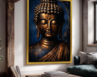 Golden Buddha Canvas Wall Art, Rustic Bronze Spiritual Portrait on Dark Blue Background, Zen Meditation Decor for Peaceful Interiors