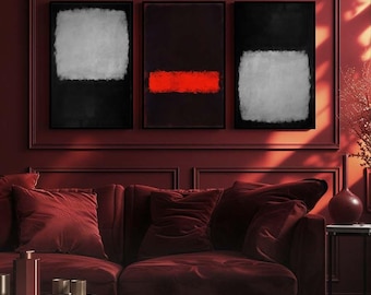 Set of 3 Mark Rothko Art Black White and Red Abstract Canvas Wall Art  – Minimalist Modern Prints for Living Room or Office Decor