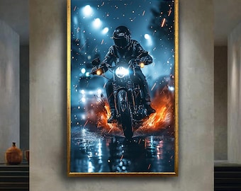 Futuristic Motorcycle Wall Art Rider in Night City with Flames Cyberpunk Biker Artwork Dark Neon Racing Decor