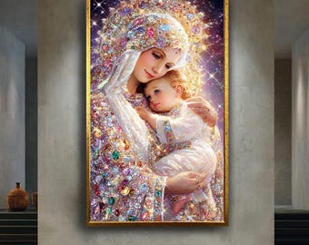 Virgin Mary and Child Jeweled Canvas Wall Art, Sacred Catholic Icon Print with Crystals and Gems, Luxury Christian Religious Artwork