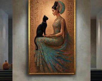 Egyptian Queen with Black Cat Canvas Wall Art, Mystical Goddess Inspired Print, Ancient Egypt Home Decor Spiritual Wall Hanging