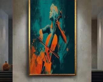 woman playing cello abstract music art orange teal modern musician wall decor canvas classical instrument painting home decoration