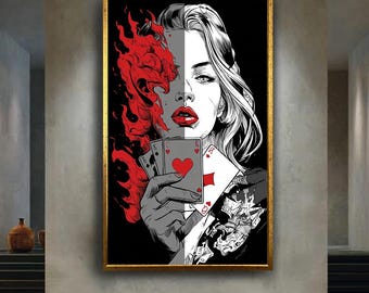 Femme Fatale Poker Wall Art Print, Dark Pop Art Digital Poster, Red Flame Gothic Lady Illustration, Comic Style Card Game Decor