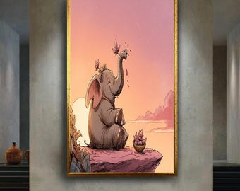 Cute Baby Elephant Wall Art Print, Pink Sunset Digital Poster, Nursery Animal Artwork, Whimsical Kids Room Decor, Peaceful Jungle