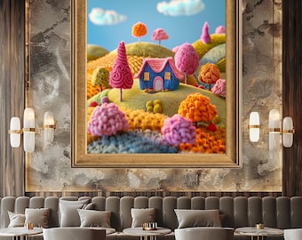 Whimsical Knitted Cottage Art – Colorful Yarn Landscape Canvas Print | Cozy Fairytale Nursery Wall Decor