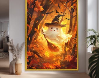 Cute Halloween Ghost Flying On Broomstick In Autumn Forest With Witch Hat And Bats Spooky Adorable Fall Canvas Wall Art