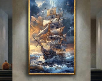Tall Sailing Ship Ocean Waves Canvas Wall Art, Nautical Maritime Artwork for Home Decor, Gift for Sea and Boat Lovers