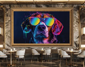 Neon Pop Art Dog Wall Print with Rainbow Glasses, Vibrant and Fun Pet Portrait Canvas for Modern Home or Teen Room Decor