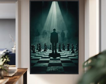 Man on Chessboard Canvas Wall Art – Cinematic Strategy Scene for Dark Modern Decor, Office Space or Thoughtful Interior Design