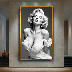 Vintage Hollywood woman canvas wall art print, glamorous retro black and white portrait, classic feminine decor for salon or dressing room