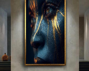 Black and Gold Face Canvas Wall Art – Abstract Close-Up Portrait with Metallic Lines – Modern Luxury Print for Elegant Home Decor