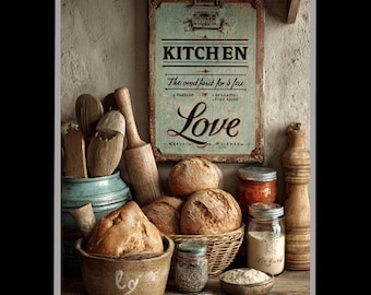 Rustic Kitchen Decor with Vintage Bread Display, Rolling Pin and Farmhouse Sign for Cozy Country Style Kitchen Wall or Shelf